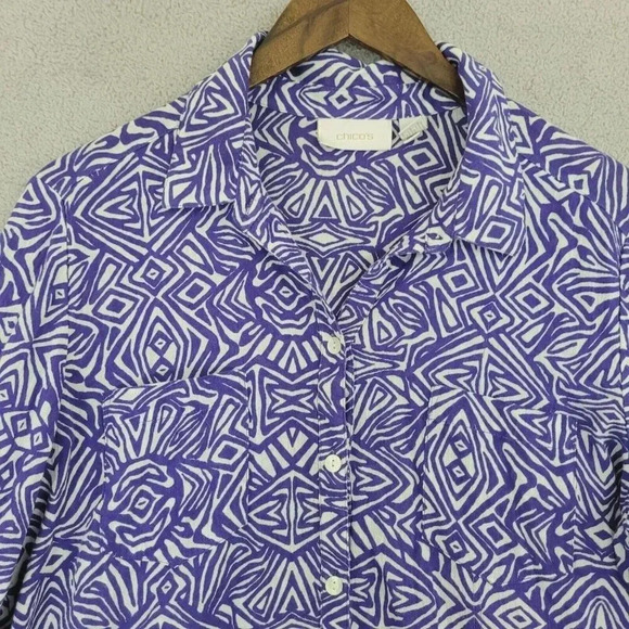 Chico's Womens Size 2/L Purple Geometric Pattern  Button-Up Shirt  20PT - Picture 7 of 9